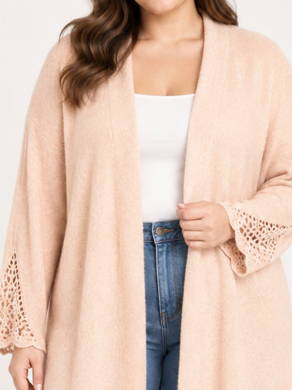 JM Collection Women's Size Petite XL Tan Crochet-Trim Open Front Cardigan